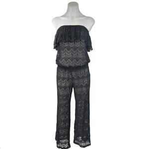 Eberjey Black Crochet Strapless Ruffle Sheer Romper Jumpsuit Beach Cover up S/M